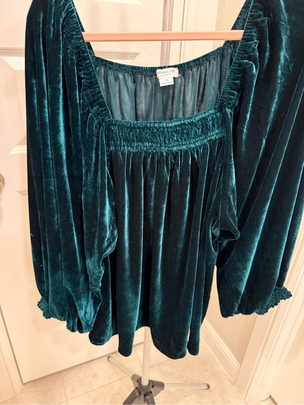 Emerald Velvet Smocked Square-Neck Blouse